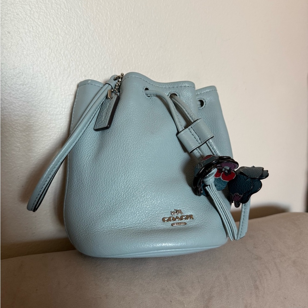 Coach Light Blue Pebbled Leather Drawstring Bucket Bag